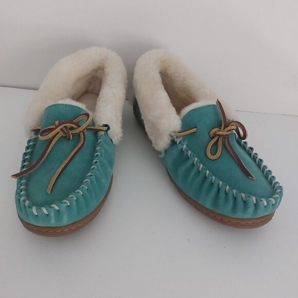 LL Bean Slippers Women 8 Teal Blue Suede Fur Lined Moccasins Cabincore Durable - Picture 2 of 15